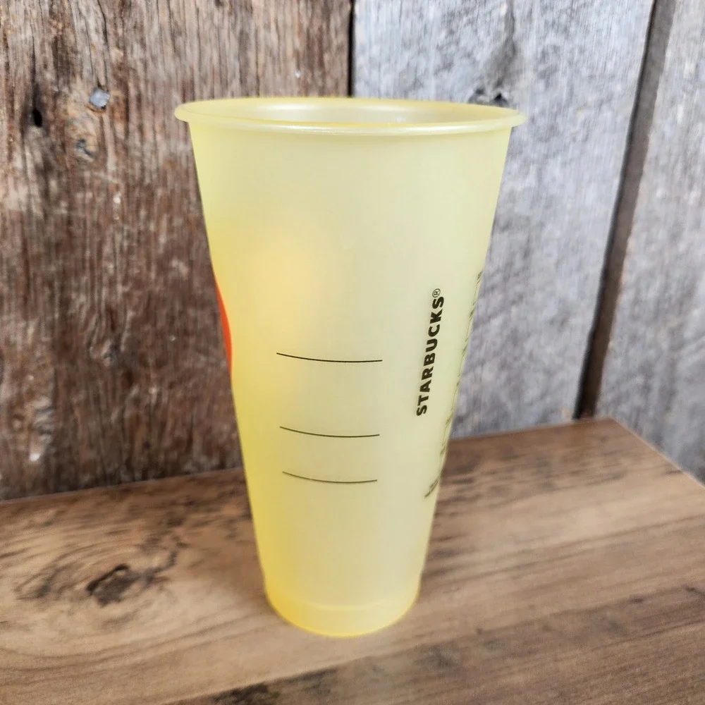 Starbucks Reusable Cold Cup Yellow Frosted Orange Heart Wake Up Venti Tumbler